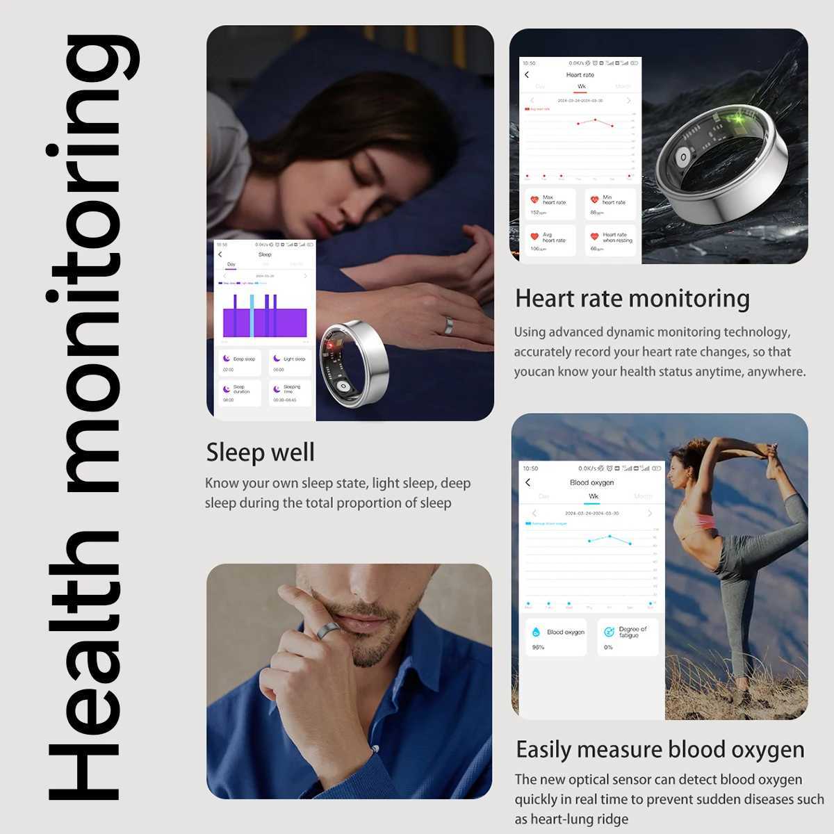 2024 NEW Mens Smart Ring Womens Fitness Tracker Exercise Monitoring Waterproof SmartRing with Video Swiping and Reading W250717