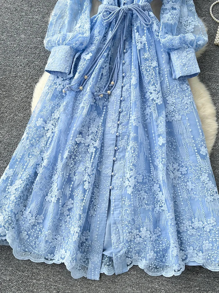 Spring Autumn French High-end Womens Dress Lace Embroidery V-neck Lantern Sleeves Single Breasted Party Birthday Dress C192 250716