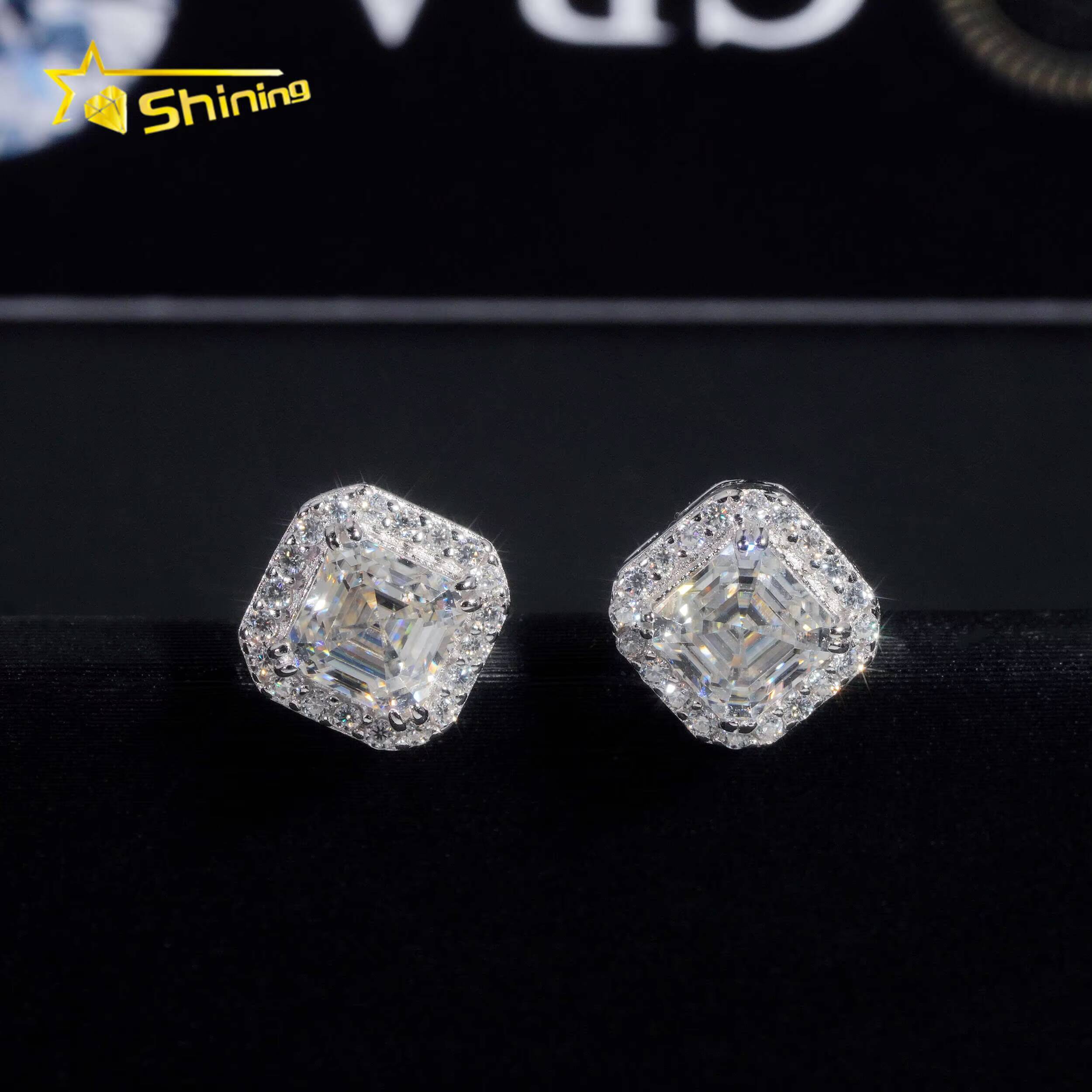 New Style Fine High Quality Asscher Cut Moissanite Stud Earrings 925 Silver Hip Hop Iced Out VVS Halo Moissanite Earrings