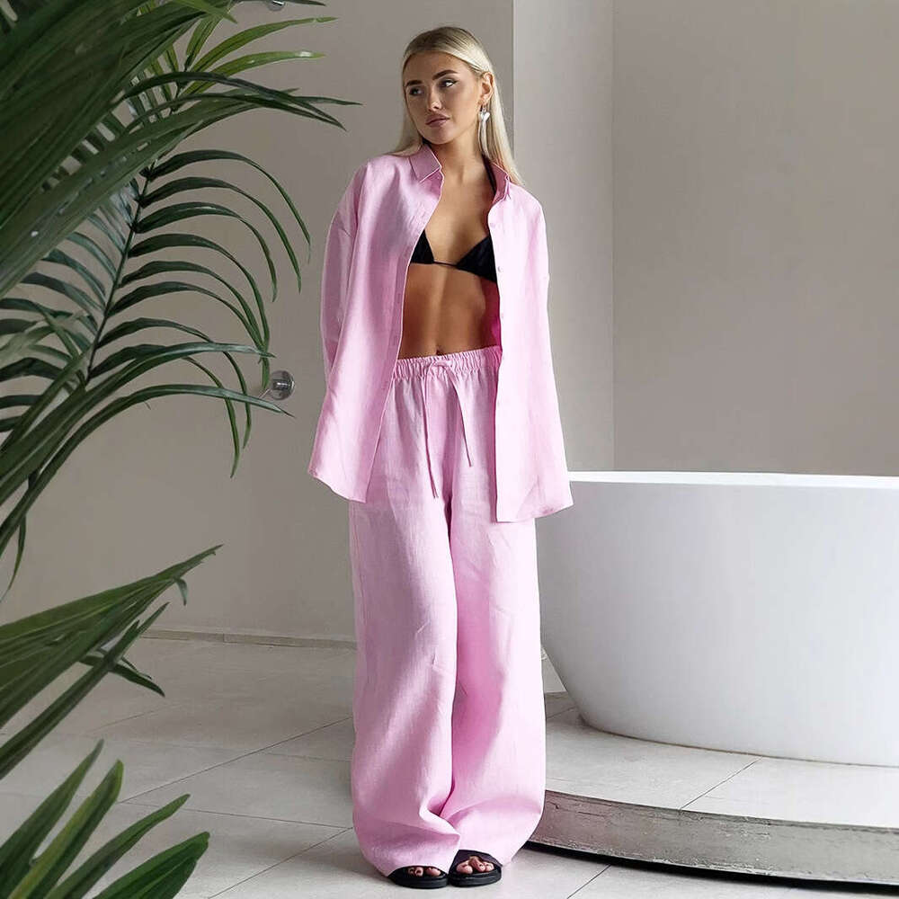 Cotton And Pants Spring Summer New Loose Long Sleeve Shirt Casual Set For Women B5