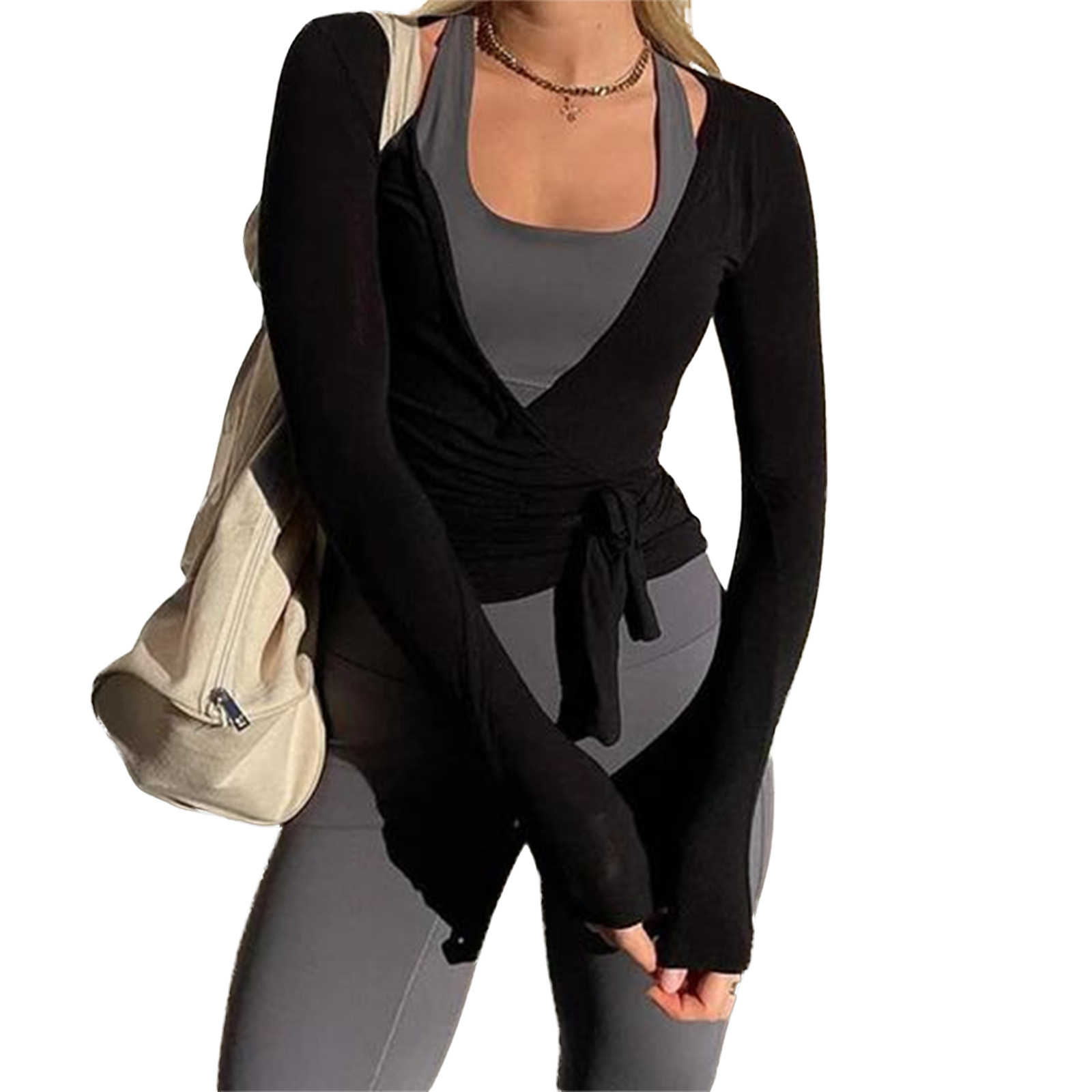 Women's T Shirts Solid Color Long Sleeve Wrap Bandage T-shirt Workout Clothes Women Sporty Yoga Crop Tops Ladies Deep V Neck Slim Fit Blouse
