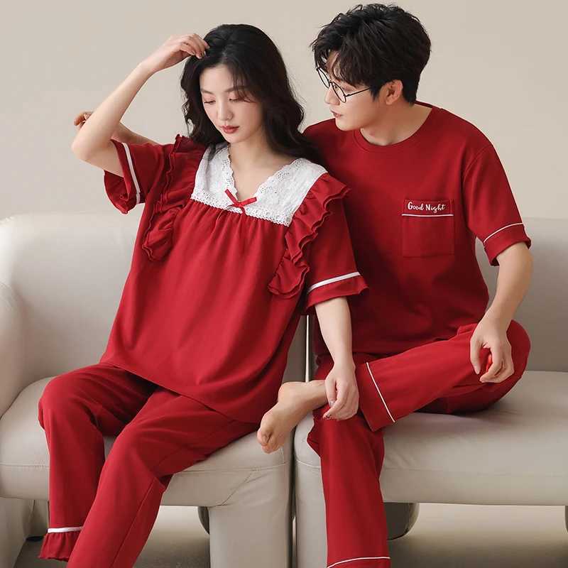 100% Cotton Fashion Women Short Sleeve Long Pants Sleepwear Set Couples Festive Red Color Pajamas Summer Home Lounge Gift W250717