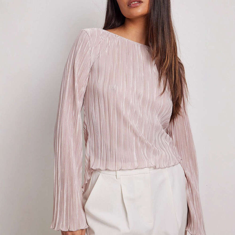 Pleated Blouse For Women Summer Elegant Temperament Slim Fit Bell Sleeve Back Tie Short Shirt B5