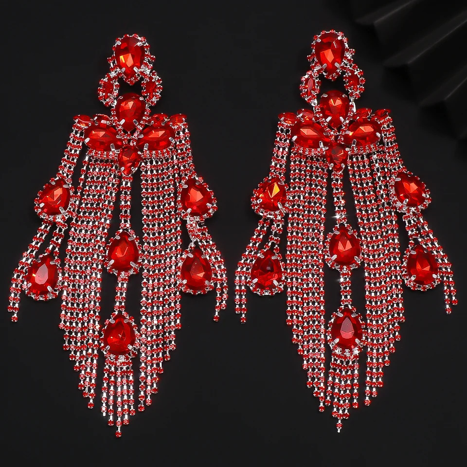 Stonefans Red Tassel Earrings Long Dangle Sparkly Elegant for Women Bohemian Exaggerated Jewelry Crystal Accessories Gift 250716