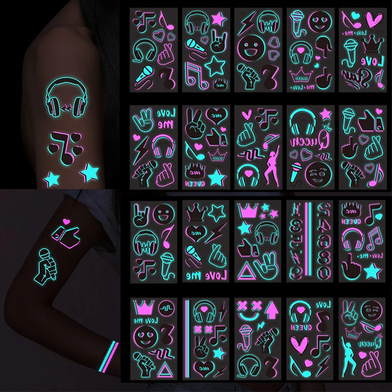 Luminous Music Festival Tattoo Glowing Dance Party Sticker Temporary Waterproof Tattoos Noteheadset Art Skin Stickers 250714