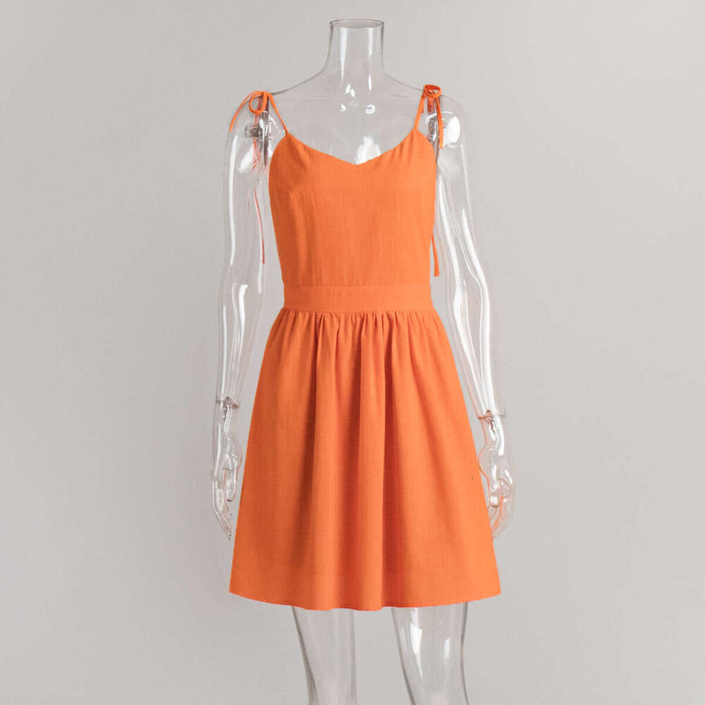 Pure Cotton Spaghetti Strap Backless High Waist Spring Summer New Fashion Tie Short Dress For Women B5