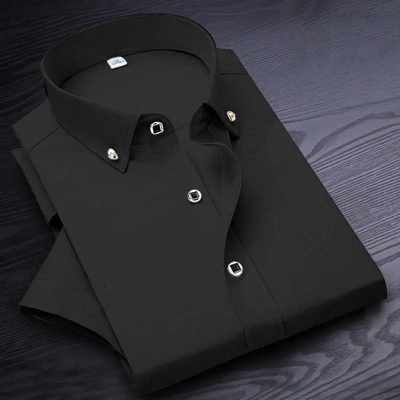 High Quality Nonironing Men Dress Shirt Short Sleeve Solid Male Clothing Fit Business Shirts White Blue Navy Black Red 250708