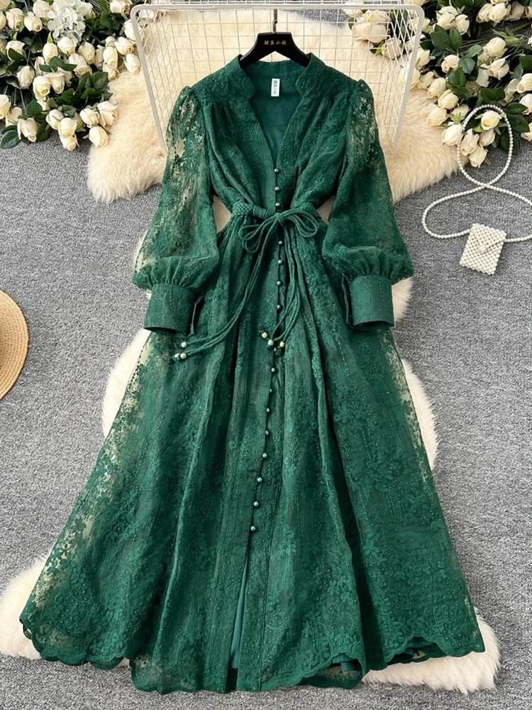 Spring Autumn French High-end Womens Dress Lace Embroidery V-neck Lantern Sleeves Single Breasted Party Birthday Dress C192 250716