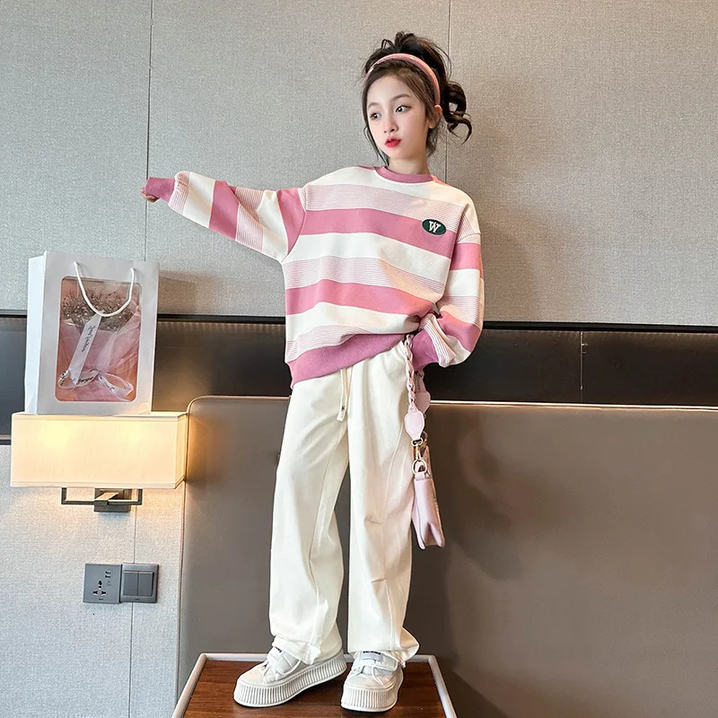Spring Autumn Girls Cotton Loose Contrast Stripes Sweatshirt School Kids Track Pullover Coat Tops Children Workout Jumper 5-16Yr 250716