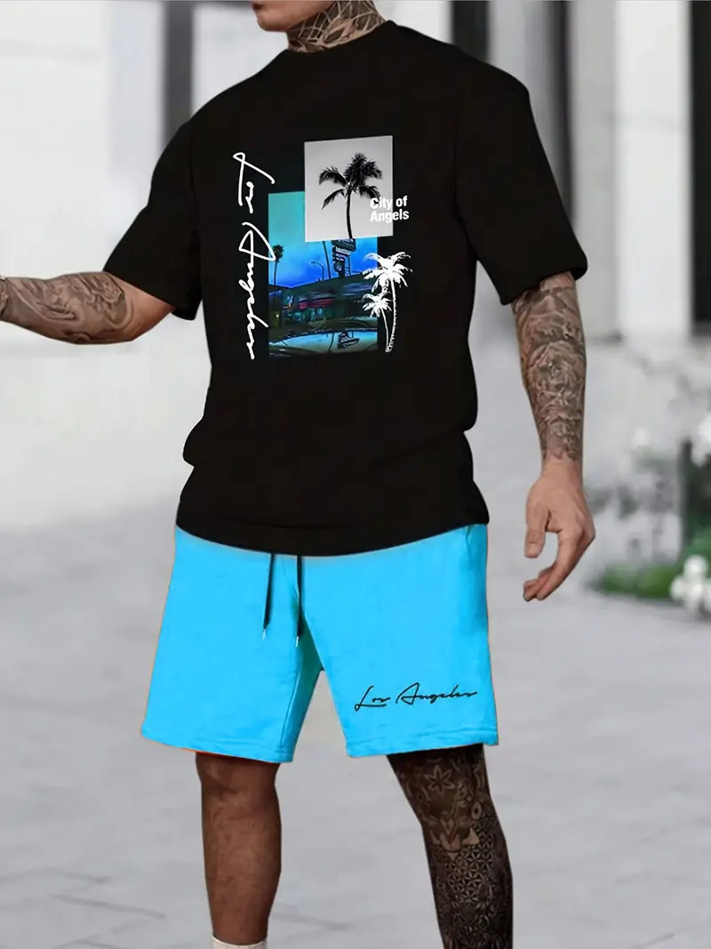 Men's Coconut Tree Print Short Sleeve T-Shirt Set