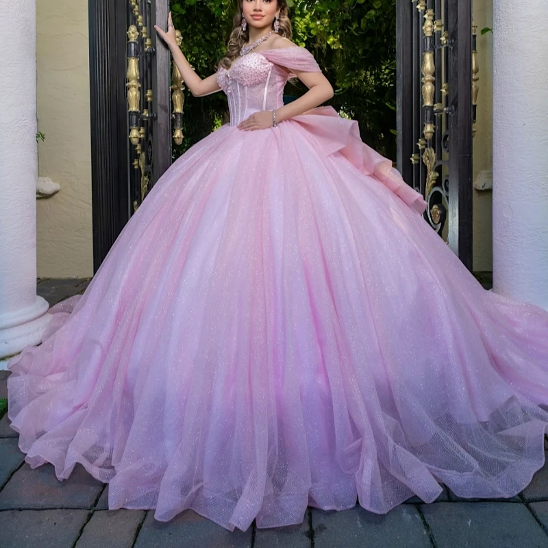 Pink Shiny Quinceanera Dresses Ball Gown Off The Shoulder Beads Bow Tull Party Birthday Sweet 16 Dress Vestidos 15 De Anos