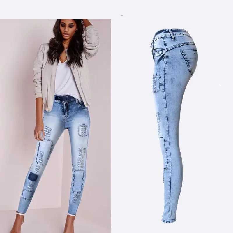 Summer Style Low Waist Sky Blue Patchwork Skinny Tights Women Pencil Jeans High Stretch Sexy Push Up Denim Women Fashion Jeans R250716