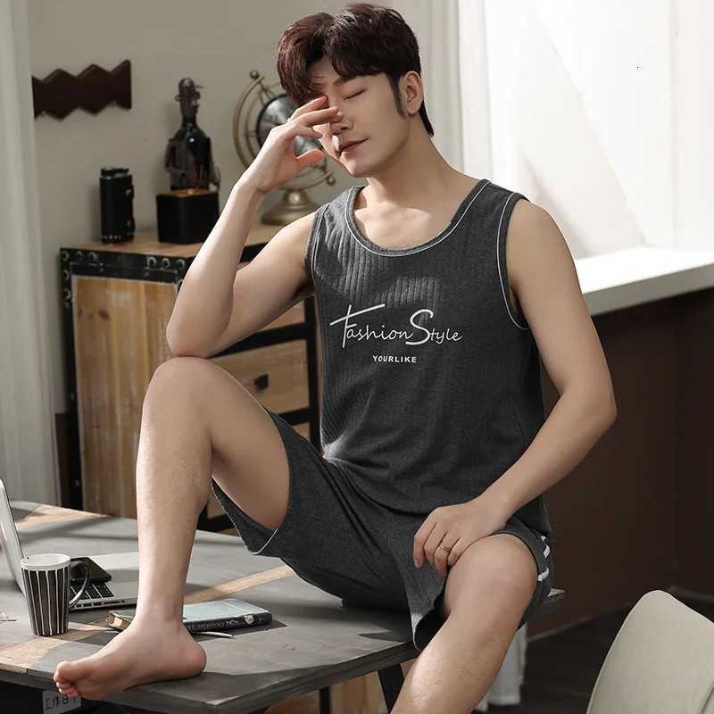 2025 New Style Mens Pajamas Set Summer Thin Cotton Male Pajamas Sets Vest Sleepwear Sleeveless Tops + Shorts 2pcs/set L-XXXXL W250717