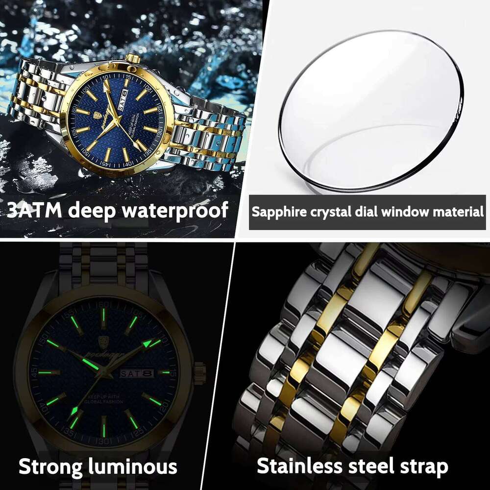 DHgargets Men's Waterproof Watch - 50M Stainless Steel Quartz with Day & Date, Luminous (Model 962)