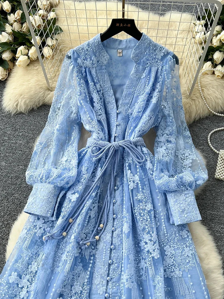 Spring Autumn French High-end Womens Dress Lace Embroidery V-neck Lantern Sleeves Single Breasted Party Birthday Dress C192 250716