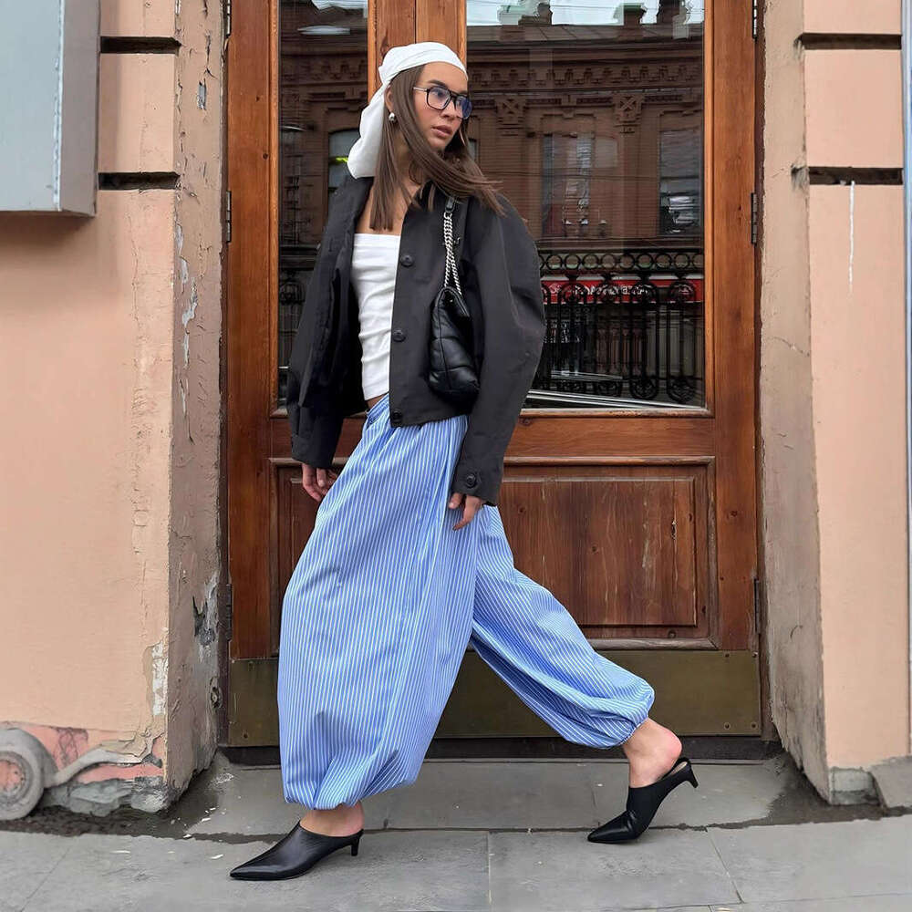 Striped Autumn New Street Style Trendy Loose Versatile Lantern Pants For Women B5