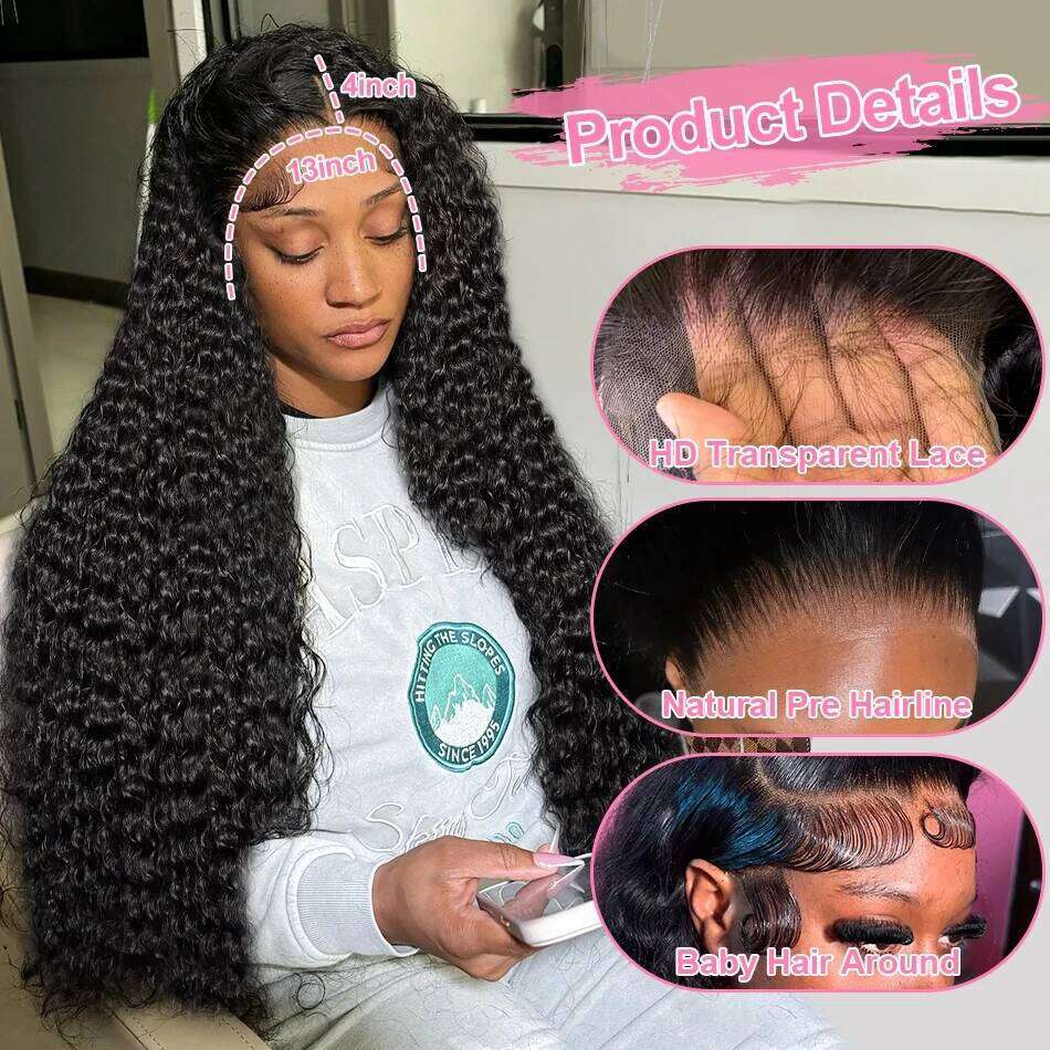 Wigirl HD 30 40 Inches 200% Curly Deep Wave 13X6 Front Human Hair Wigs 13X4 Synthetic Lace Frontal Transparent Brazilian Remy Wig