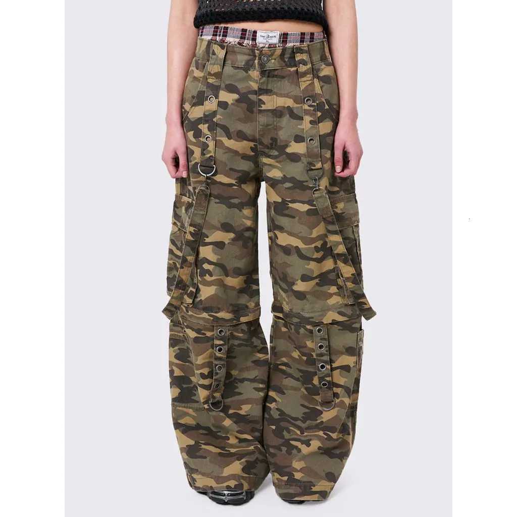 2020 Women Y2K Vintage Cargo Long Pants with Multi Pockets Chain Buckle Button Waist Casual Grunge Wide Leg Denim Trousers R250716