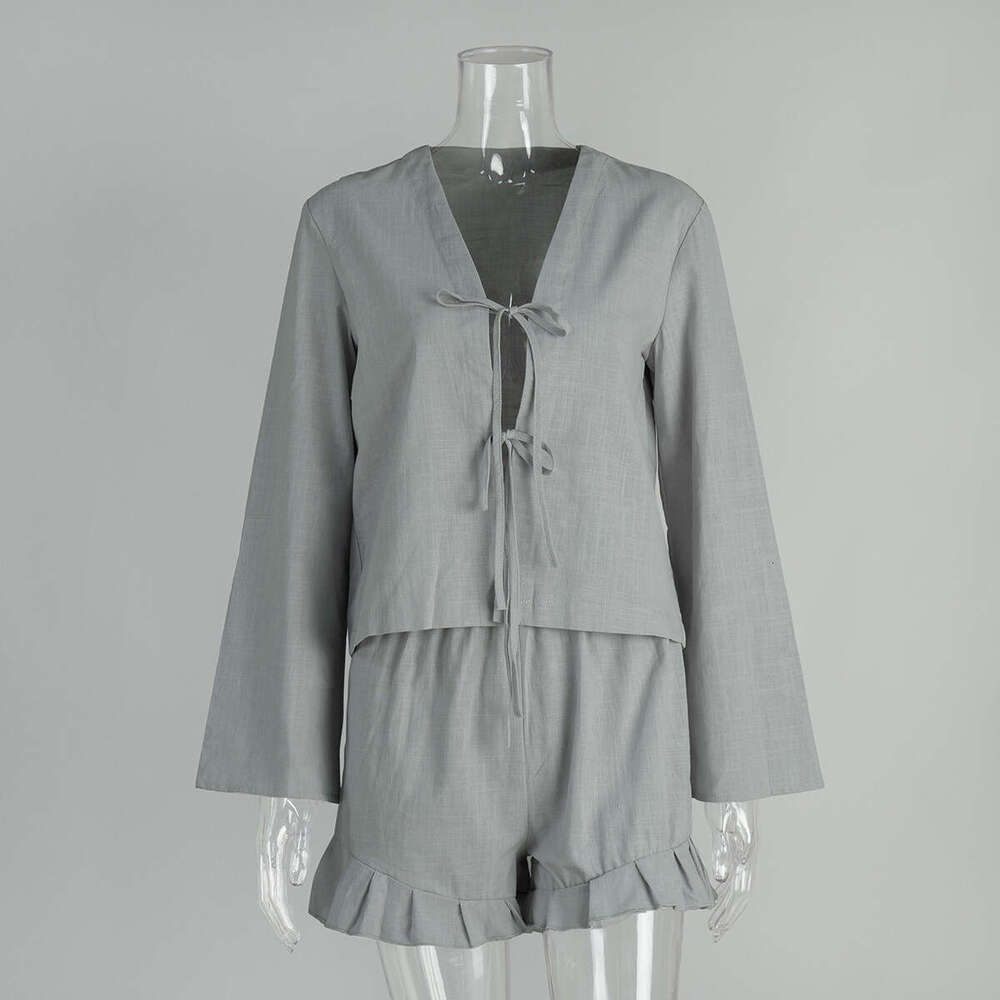 Pure Cotton Tie Cardigan + Spring Summer New Loose Casual Shorts Set For Women B5