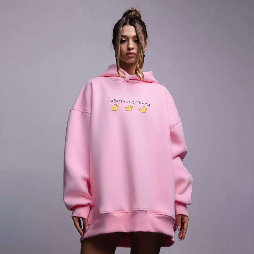 Mid-Length Hooded Sweatshirt Autumn Winter Women Three Ducks Print Loose Casual Hoodie B5