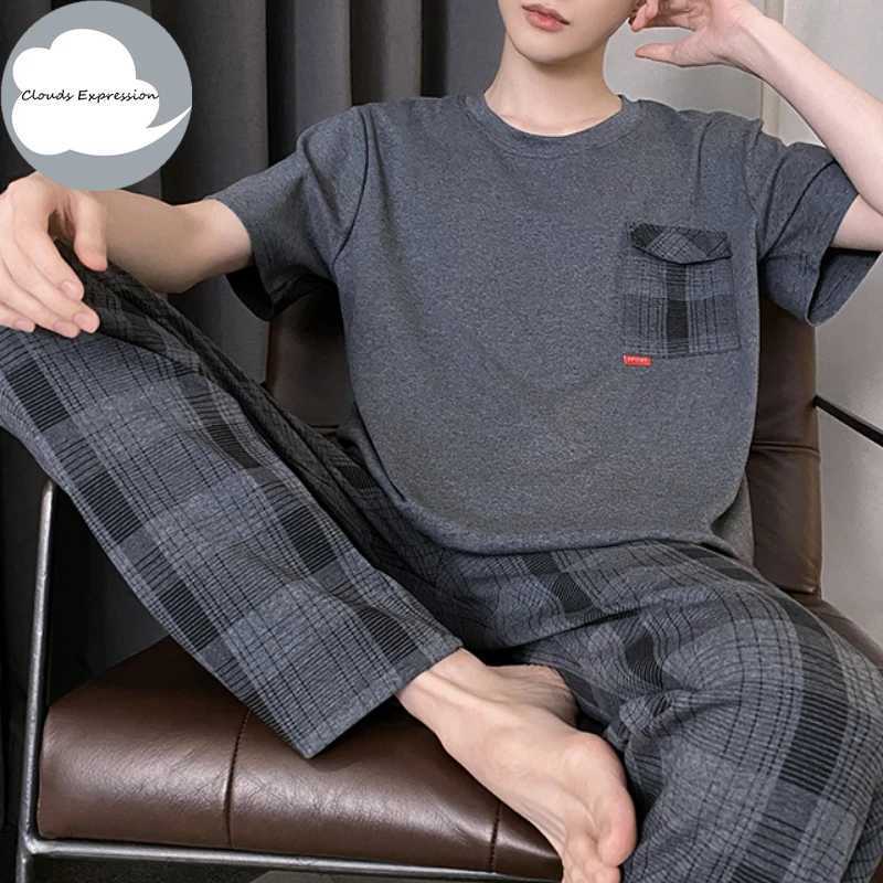 Summer Knitted Plaid Cool Mens Pajamas Casual Short Tops +Long Pants Sets Mens Sleepwear Nightwear Pijamas 4XL Homewea W250717