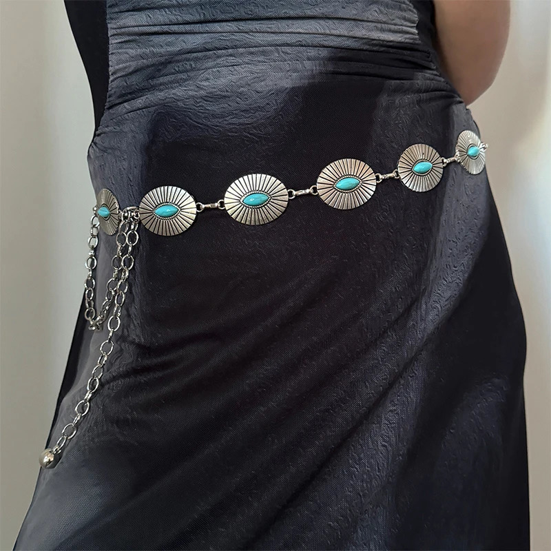 Fashion Silver Bohemian female circular waist chain blue gemstone Ellipse chain belts for women suitable for Skirts dress 250715