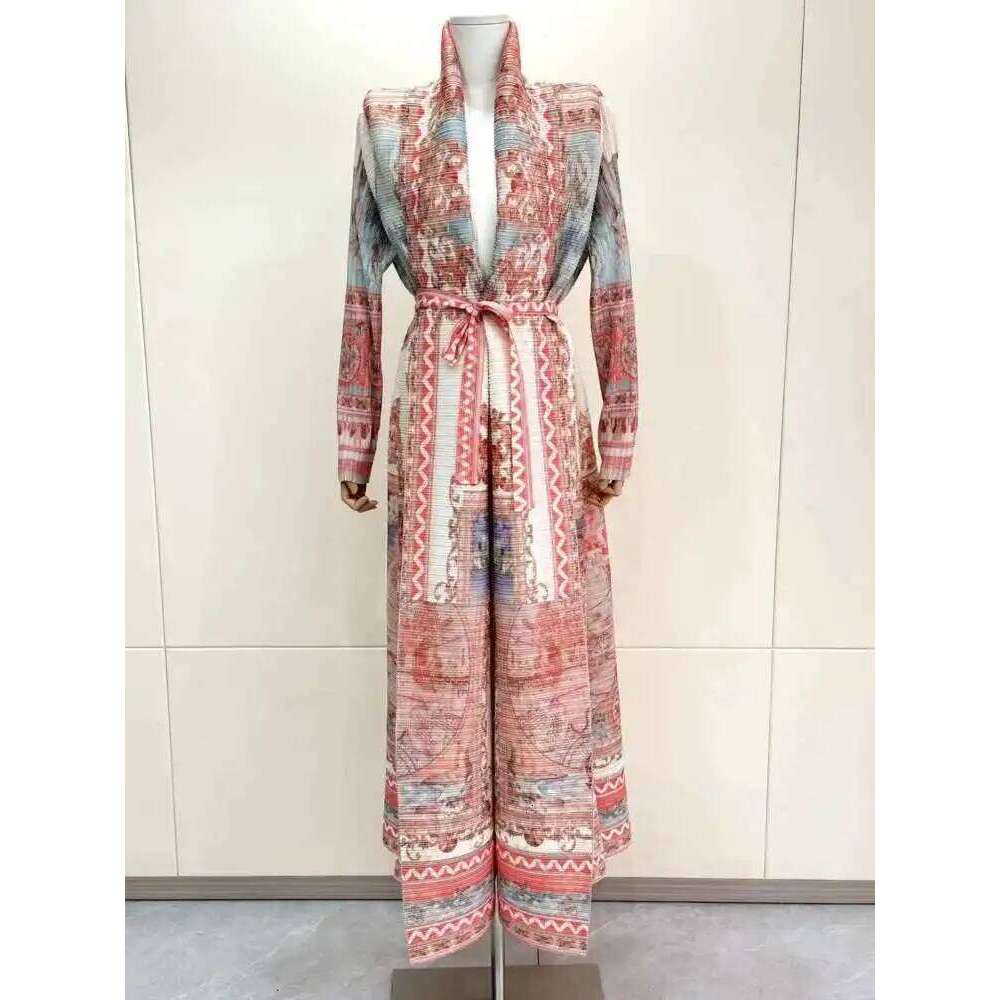 LANMREM Fashion Designer Print Pleated Windbreaker Women Loose Belt Gathered Waist Contrast Color Long Coat 2024 New 32C984