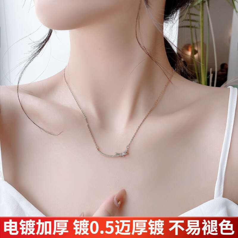 Simple Elegant Full Bowknot Smile Necklace for Women, Light Style Row Dia Line Pendant Clavicle Chain Live Streaming 5de
