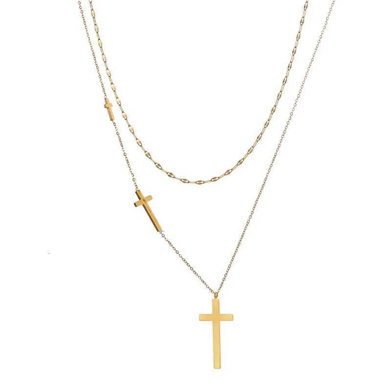 DIEYURO 316L Stainless Steel Golden Fashion Cross Double-layer Necklace For Women Girl Trend New Neck Chain Jewelry Party Gift W250528