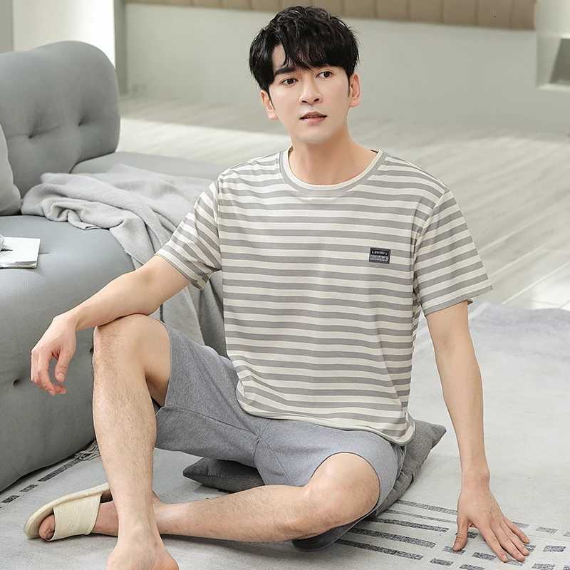 Newest Summer Knitted Cotton Pajamas Set Loose L-5XL Men Pajamas Short Sleeve Striped Sleepwear Male Leisure Home Clothing W250717