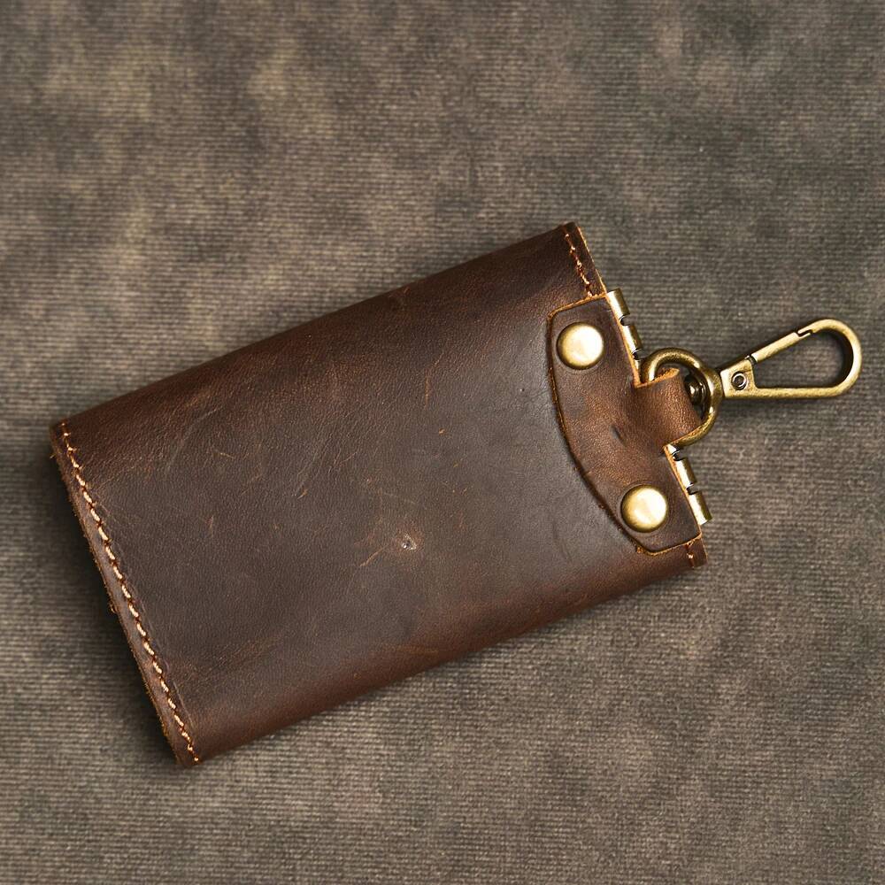 Retro Cowhide Wallet Handmade Genuine Leather Car Key Bag Portable Housekeeper Keys Holder Card Slot Money Clip Short Purse