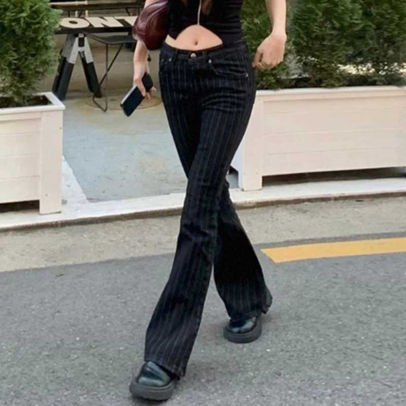 Darlingag Streetwear Striped Low Waist Slimming Jeans Women Button-Fly All Match Boot Cut Denim Trousers 2025 Trend Bottoms Chic R250716