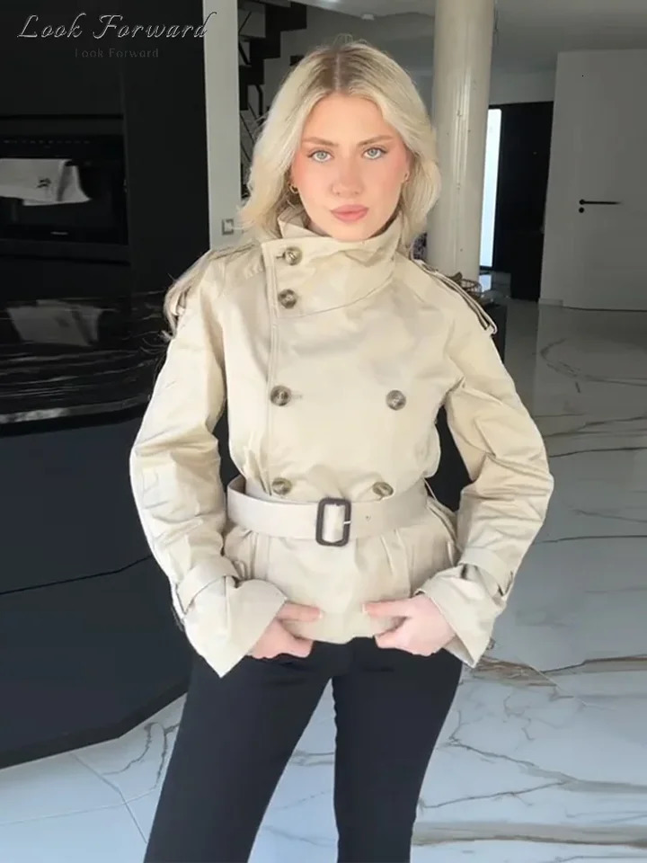 Khaki Trench Coat Women Double Breasted Jacket Woman Stand Collar Full Sleeve Pocket Spring Autumn Casual Loose Outerwears Lady 250716