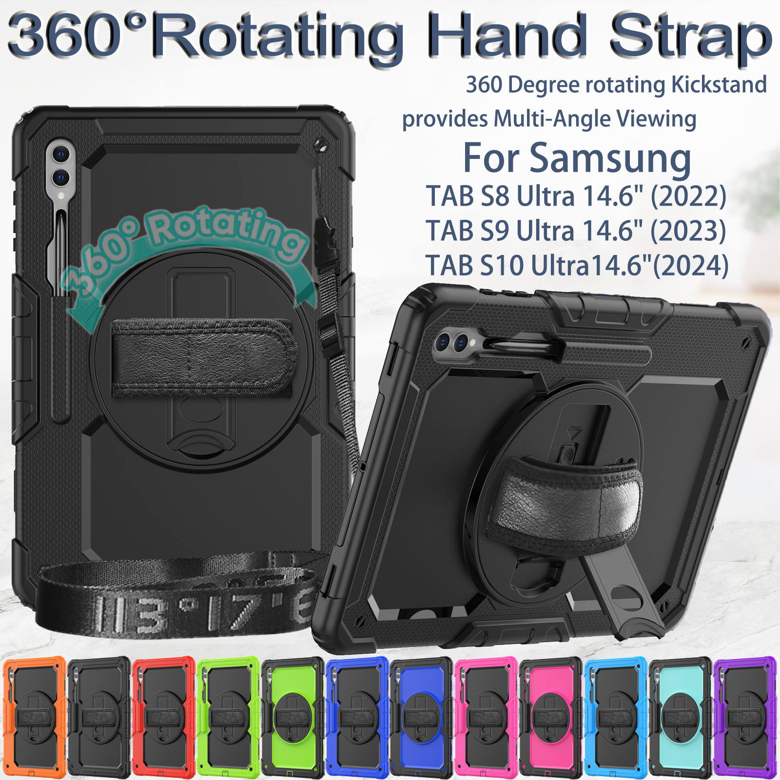 Hybrid Shockproof Case for Samsung Galaxy Tab S10 Ultra S9 Ultra S8 U 14.6" Rotating Hand Strap Stand Tablet Cover with Pencil Holder + Screen Pr