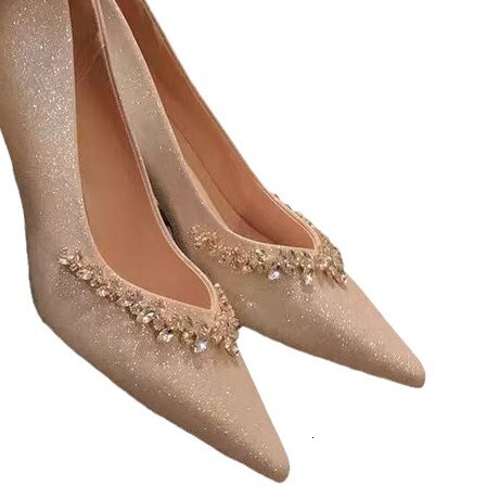 Sheepskin Version ~ Grape Mom Same Style French Shiny Rhinestone Elegant Pointed Toe Shallow Mouth Wedding Shoes High Heels for Women ddmysaturn