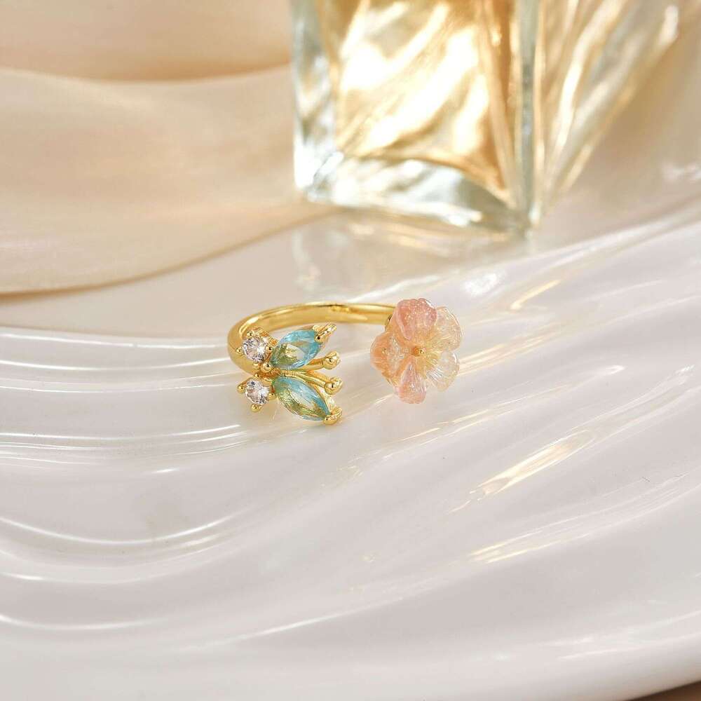 Korean Style Cat's Eye Stone Tulip Flower Ring For Women, Copper Plated With Real Gold, Fashionable, Simple, High-End Jewelry 0D6