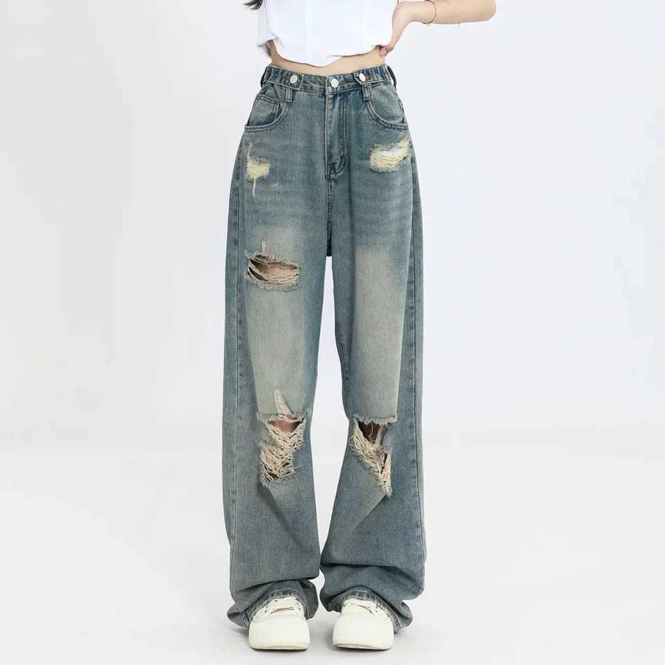 Vintage Hole Y2k Womens Jeans High Waisted Jeans Wide Leg Loose Straight Leg Hip-hop Streetwear Floor Length Denim Pants R250716