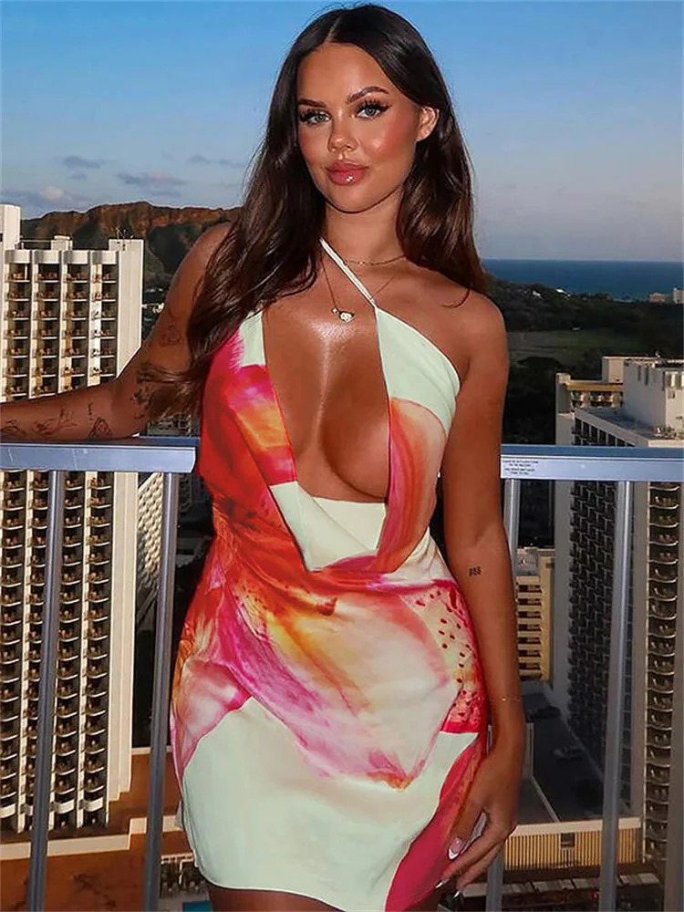 Tossy One-Shoulder V-Neck Summer Mini Dress For Women Printed Contrast Slim Spaghetti Sexy Dress Female Backless Party Dress 250715