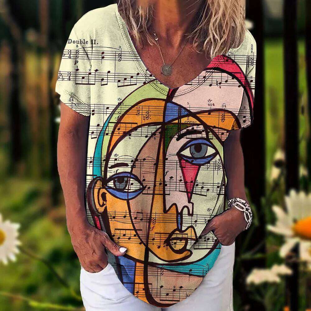 New Abstract 3D Painting Vintage Elegant Women's T-Shirts Short Sleeve Fashion Trend Tee Casual Style Lady's Clothing