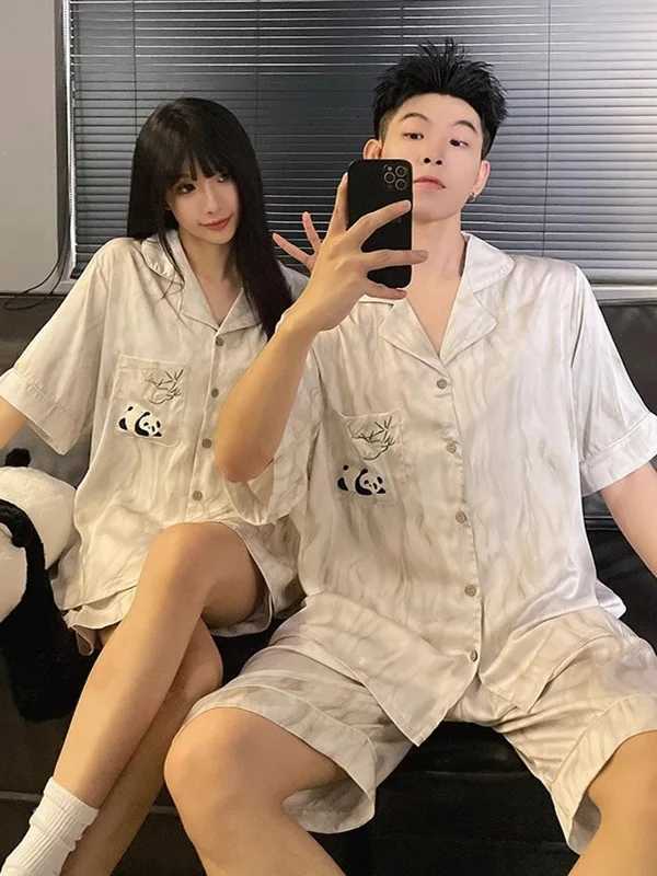 100% Cotton Ice Silk Short-Sleeved Couple Pajamas Womens Summer Cartoon Sleepwear Plus Size Thin Mens Loungewear Set Male Pajamas W250717