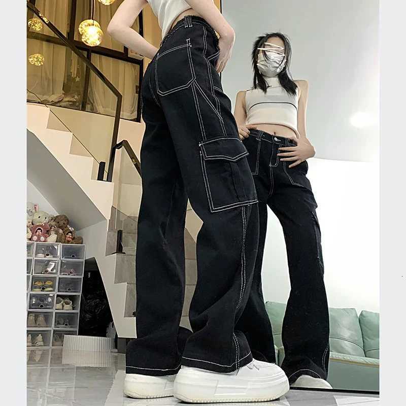 2024 Women Retro Streetwear High Waisted Denim Pants Lady Baggy Straight Leg Wide Leg Pants Girls Fashion Casual Black Trousers R250716