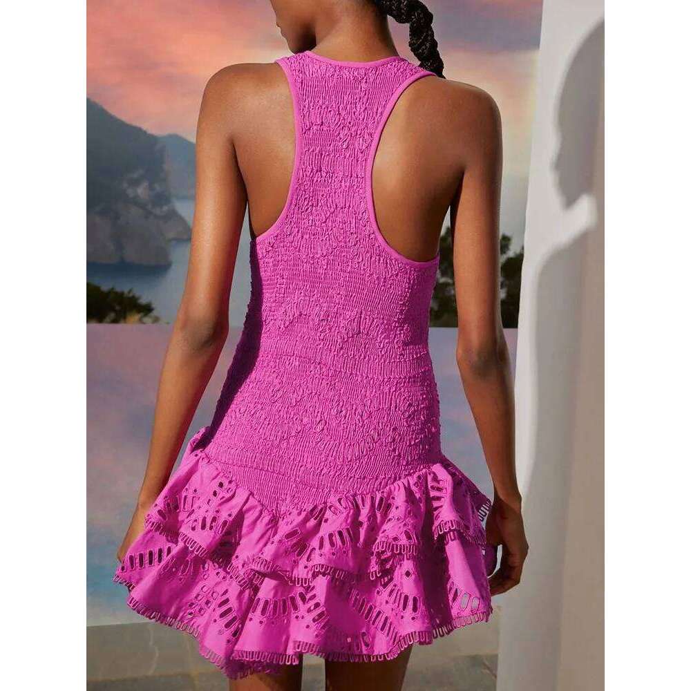 TWOTWINSTYLE Embroidery Solid Dresses For Women U Neck Sleeveless High Waist Slimming Patchwork Fold Mini Dress Female Fashion