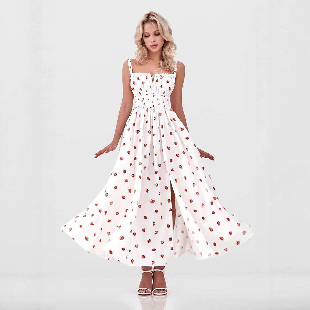 Floral Strap Summer New Low Neck Tie Slit High Waist Printed Dress B5