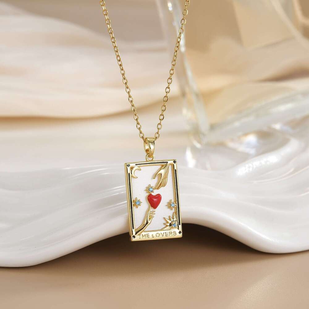 Gold-Plated Copper Tarot Card Design Pendant Mother-Of-Pearl Zodiac Necklace 012