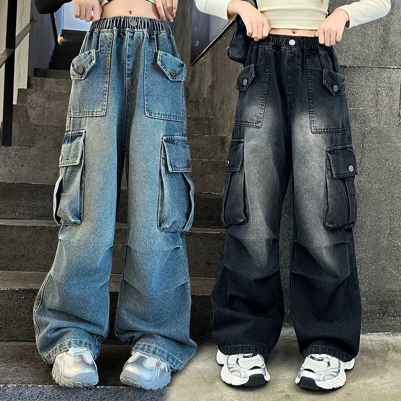 Kids Vintage Distressed Jeans with Pocket For Girls Y2K Fashion High Street Denim Pants Teens Child Baggy Cargo Jeans Trousers R250716
