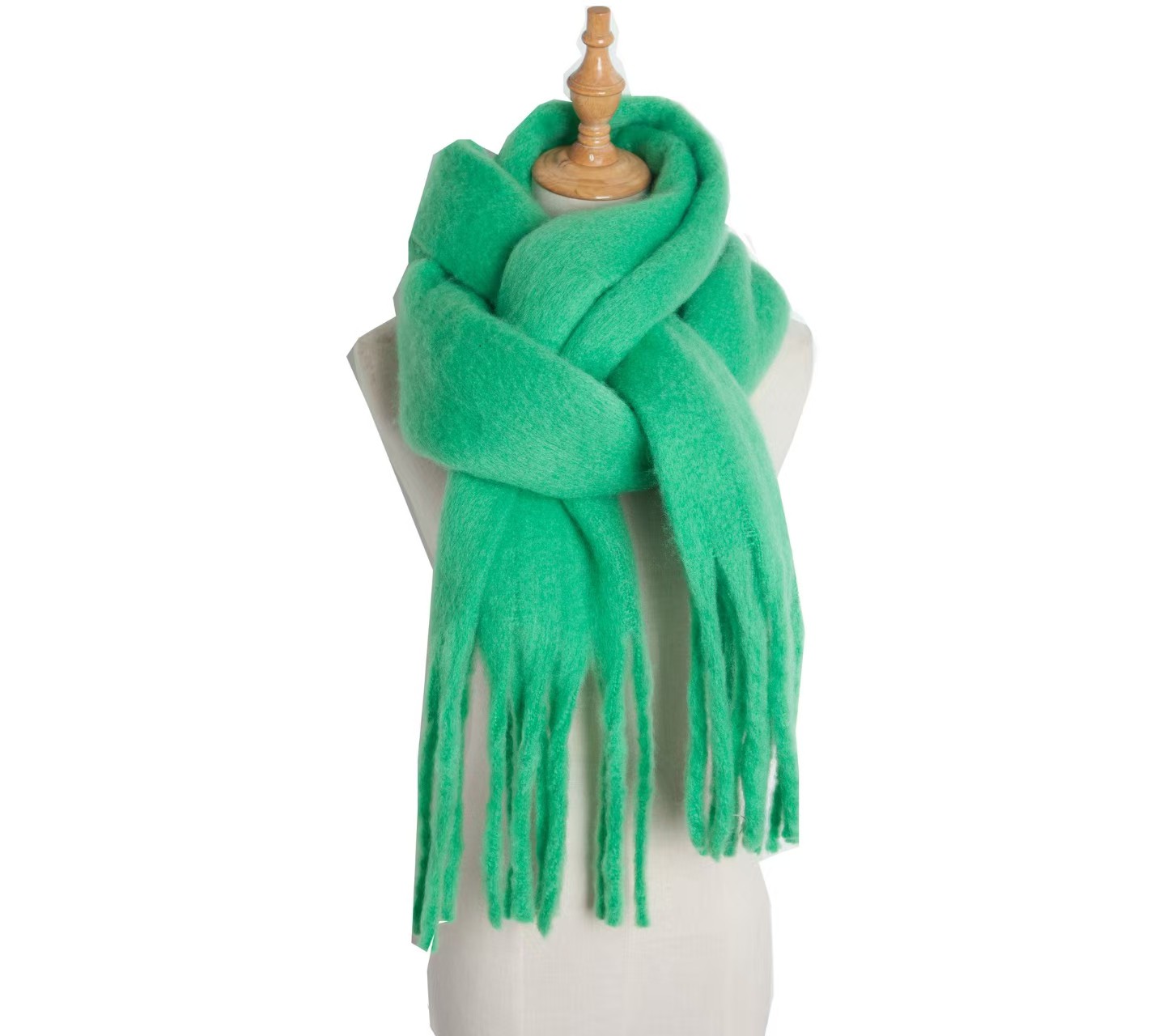 t1239 European and American autumn and winter new women's shawl long tassel thick beard grass green thick solid color scarf