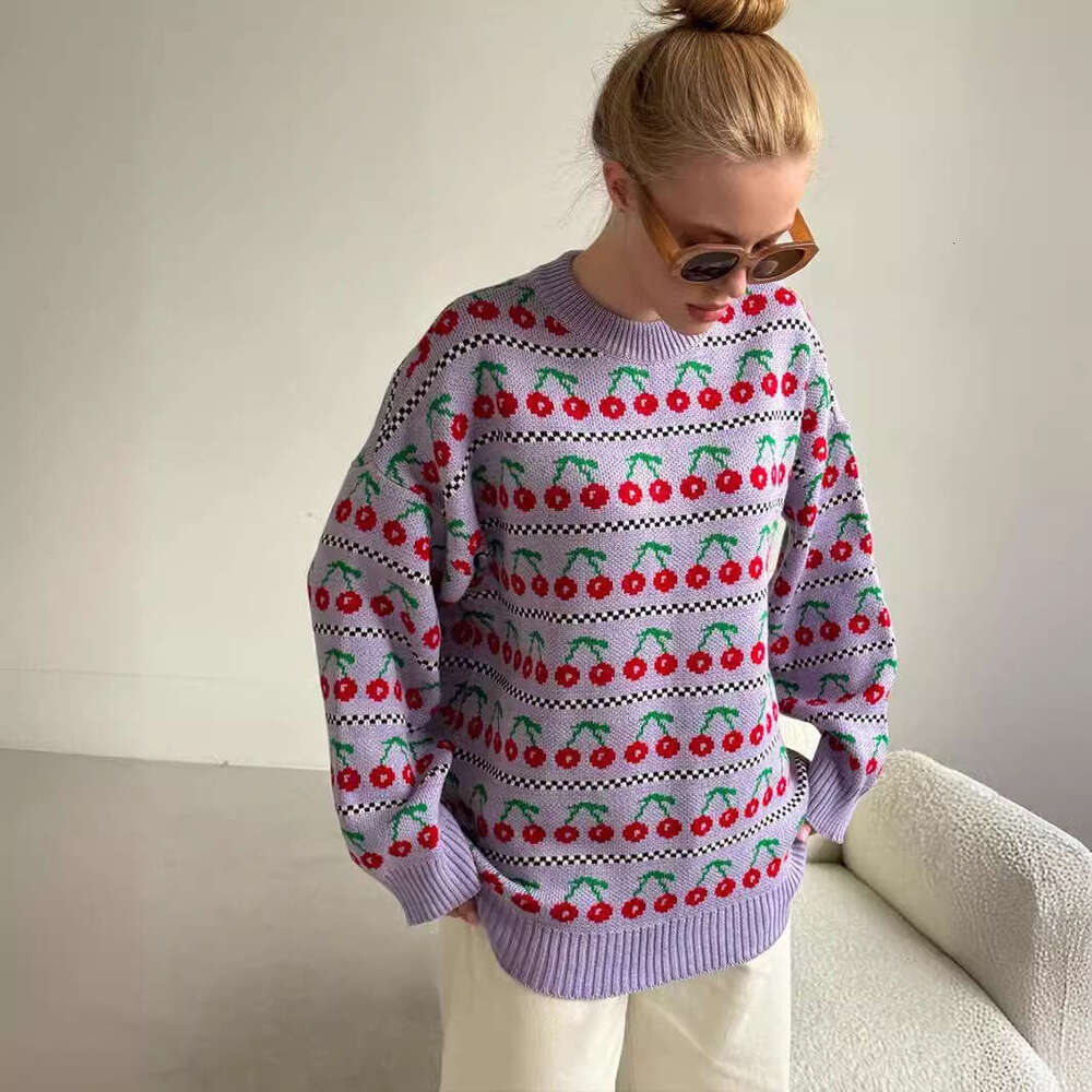 Autumn New Mid-Length Knitted Cherry Round Neck Sweater B5