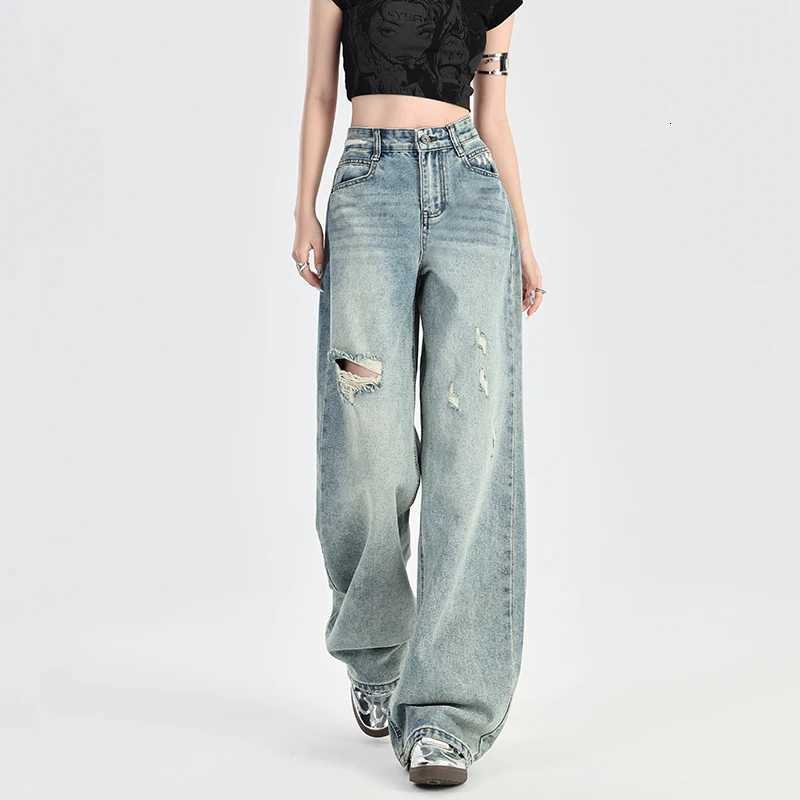 2025 Summer KSTUN Distressed Jeans Women High Waist Hip Hop Denim Pants Hollow Out Vintage Straight Girls Jeans Boyfriend Jeans R250716