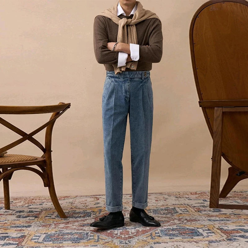 Mens Naples Slim-fit High Waist Dress Denim Pants Fashion Solid Color British Retro Premium Elegant Leisure Trousers 250707