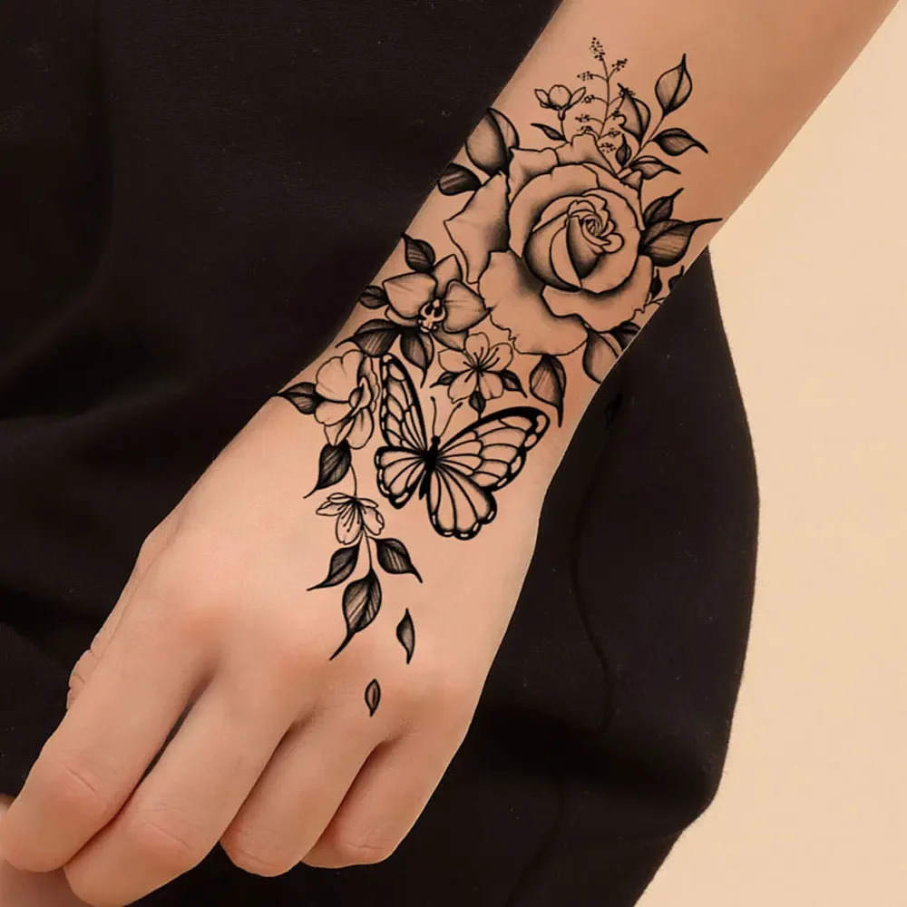 Waterproof Flower Temporary Tattoos for Women Black Floral Tattoo Stickers Hand Arm Body Disposable Art 250714